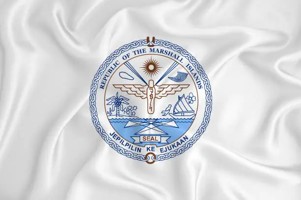 A developing white flag with the coat of arms of Marshall Islands. Country symbol. Illustration. Original and simple coat of arms in official colors and the right proportion