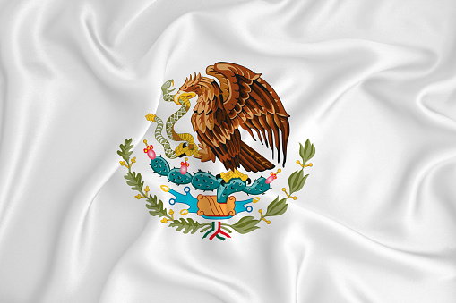 A developing white flag with the coat of arms of Mexico. Country symbol. Illustration. Original and simple coat of arms in official colors and the right proportion