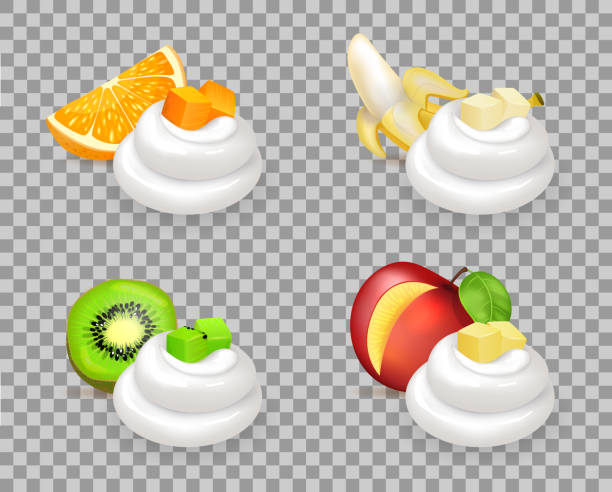 illustrazioni stock, clip art, cartoni animati e icone di tendenza di deliziosi frutti tropicali e vortici di panna montata - peach fruit portion orange