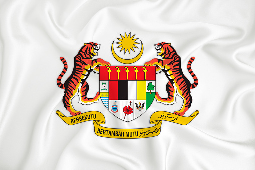 A developing white flag with the coat of arms of Malaysia. Country symbol. Illustration. Original and simple coat of arms in official colors and the right proportion