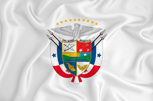 A developing white flag with the coat of arms of Panama. Country symbol. Illustration. Original and simple coat of arms in official colors and the right proportion