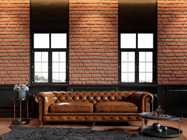 istock Loft interior with chester sofa, brick wall, panel, carpet and decor. 3d render illustration mock up. 1225522785