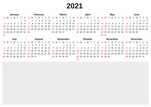 A 2021 annual calendar with white background.