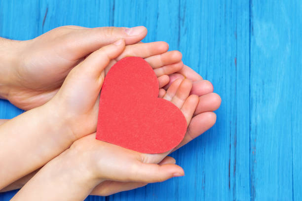 istock Child and dad hands holding red heart. 1225524524