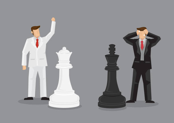 Businessmen Checkmate in Life Size Chess Game Cartoon Vector Illustration Businessmen in black and white suits with life size chess pieces. Vector cartoon illustration on checkmate in chess as a metaphor for business strategy. King Size stock illustrations