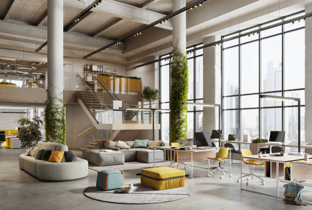 3d-изображение экологически чистого офисного пространства - furniture design indoors contemporary стоковые фото и изображения