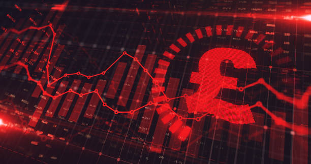 aktienmarkt pfund handel graph in roter farbe als economy 3d-illustration hintergrund. - vereinigtes königreich grafiken stock-fotos und bilder