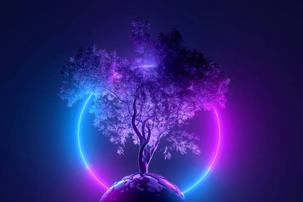 istock Abstract neon background, mystical cosmic tree sprouting through a round planet in the light of a neon glowing round frame, pink blue glowing, 3d illustration 1225527535