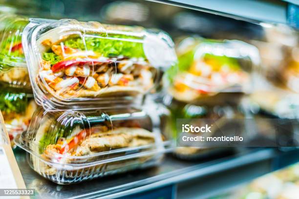 Chicken With Pita Sandwiches In A Commercial Refrigerator Stock Photo - Download Image Now
