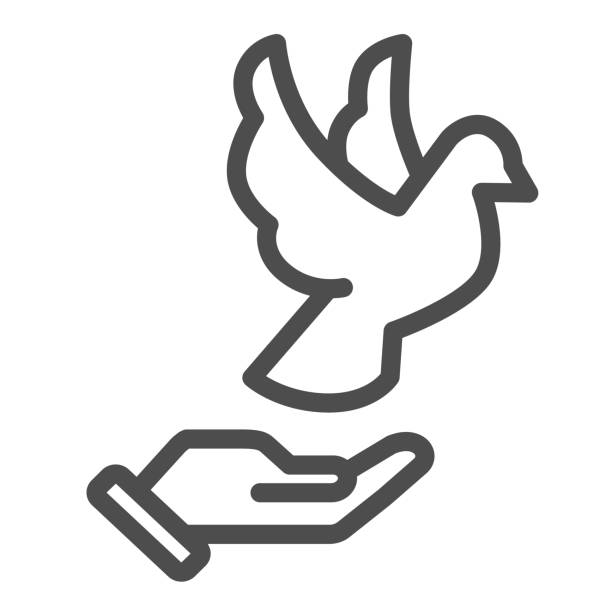 gołąb na ikonę linii strony, koncepcja światowego dnia pokoju, latający gołąb i znak dłoni na białym tle, strona osoby i styl konturu symbolu ptaka dla projektowania telefonów komórkowych i stron internetowych. grafika wektorowa. - hand sign peace sign palm human hand stock illustrations