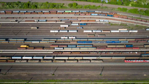 Railyard, shunting yard and freight trains - aerial view