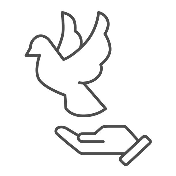 gołąb na rękę cienka ikona linii, koncepcja światowego dnia pokoju, latający gołąb i znak dłoni człowieka na białym tle, ręka osoby i symbol ptaka styl konturu dla projektowania mobilnego i internetowego. grafika wektorowa. - hand sign peace sign palm human hand stock illustrations