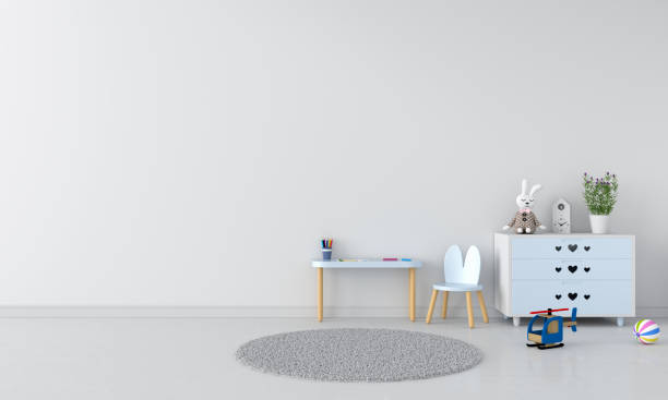 istock Table and chair in white child room interior, 3D rendering 1225536921