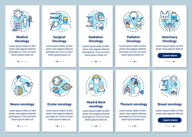 ilustrações de stock, clip art, desenhos animados e ícones de oncology onboarding mobile app page screen with concepts. illness treatment walkthrough steps graphic instructions. ocular cancer. medical oncology. ui vector template with rgb color illustrations - cancer cell cancer breast cancer breast