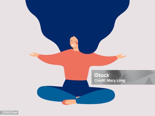 Happy Woman Sits On The Floor With Open Arms Stock Illustration - Download Image Now - One Woman Only, Illustration, Yoga