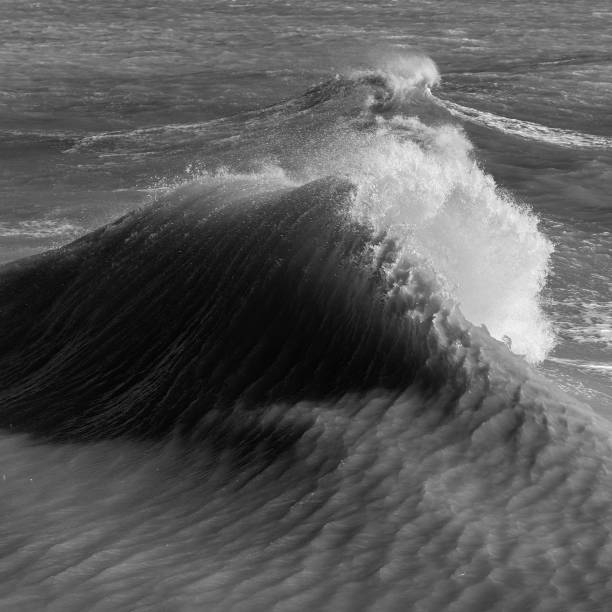 istock Amzing image of individual wave breaking and cresting during violent windy storm in black and white with superb detail 1225539769
