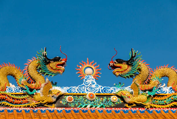 Dragon on the roof in chinese temple,chinese dragons decorate on the temple roof,dragon statues on the roofs of a Chinese temple with a beautiful blue sky background