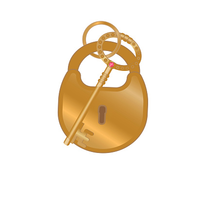 Cartoon padlock with key. Yellow or golden closed door lock.