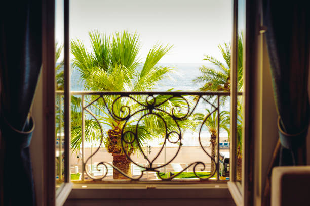 balcony frame with the mediterranean sea - nice looking imagens e fotografias de stock