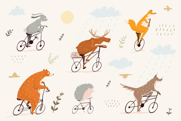 zabawne i słodkie zwierzęta jeżdżące na rowerach, niedźwiedź, lis, króliczek, jeż i łoś korzystających z jazdy. znaki clipart na rowerze dla dzieci. - rabbit humor animal cartoon stock illustrations