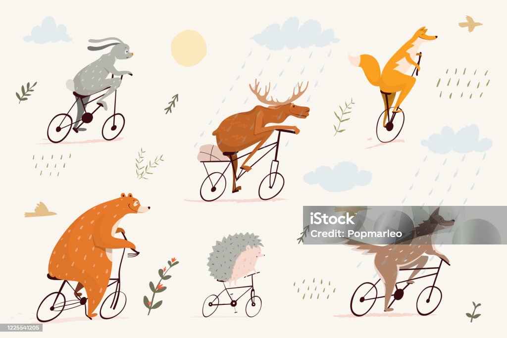 Fun And Sweet Animals Riding Bicycles Bear Fox Bunny Hedgehog And Moose  Enjoying A Ride Clipart Characters Cycling For Kids Stock Illustration -  Download Image Now - iStock