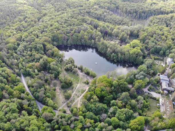 Aerial view of lake Teufelssee a glacial lake in the Grunewald forest in the Berlin borough of Charlottenburg-Wilmersdorf. Aerial view of lake Teufelssee a glacial lake in the Grunewald forest in the Berlin borough of Charlottenburg-Wilmersdorf. grunewald berlin stock pictures, royalty-free photos & images