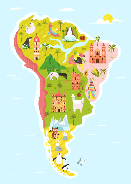 illustrazioni stock, clip art, cartoni animati e icone di tendenza di mappa del sud america con famosi monumenti naturali, edifici e animali - chilean culture chile forest the americas