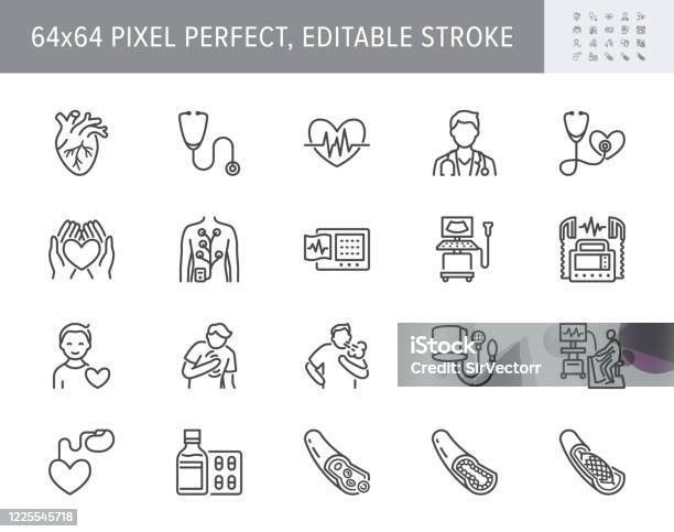 Icônes De Ligne De Cardiologie Lillustration De Vecteur A Inclus Licône Comme Crise Cardiaque Ecg Docteur Stimulateur Cardiaque Défibrillateur Contour Pictogramme Pour La Clinique Cardiovasculaire 64x64 Pixel Perfect Editable Stroke Vecteurs libres de droits et plus d'images vectorielles de Icône