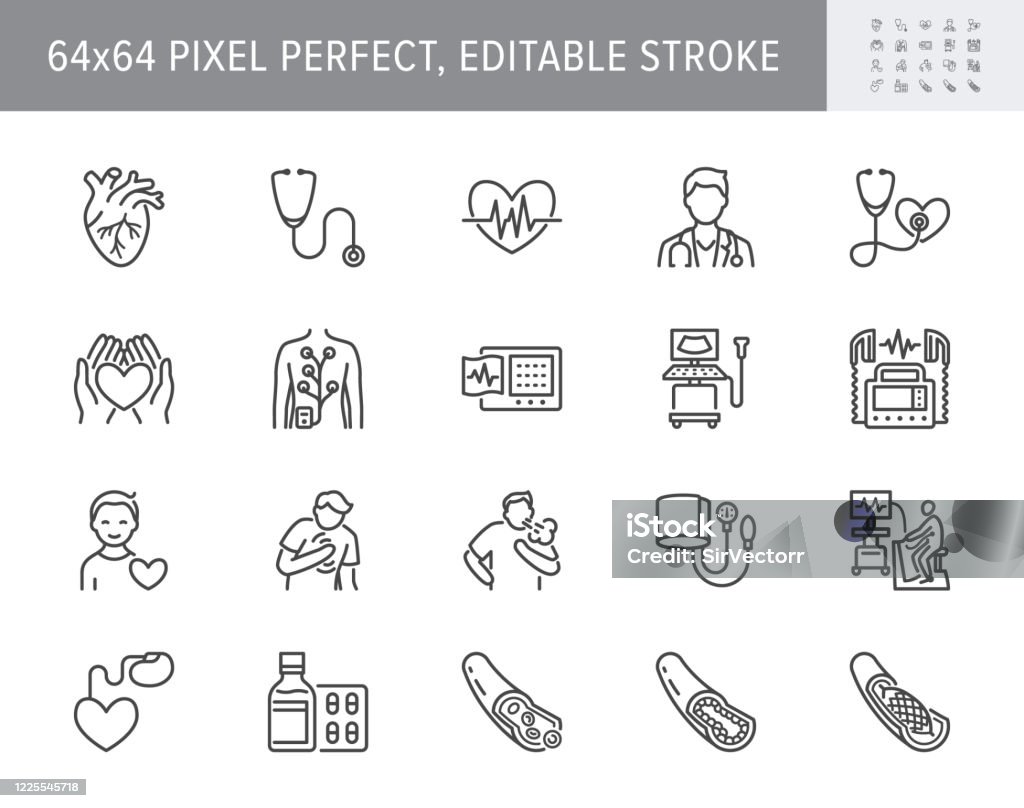 Cardiology line icons. Vector illustration included icon as heart attack, ecg, doctor, pacemaker, defibrillator outline pictogram for cardiovascular clinic. 64x64 Pixel Perfect Editable Stroke Cardiology line icons. Vector illustration included icon as heart attack, ecg, doctor, pacemaker, defibrillator outline pictogram for cardiovascular clinic. 64x64 Pixel Perfect Editable Stroke. Icon stock vector
