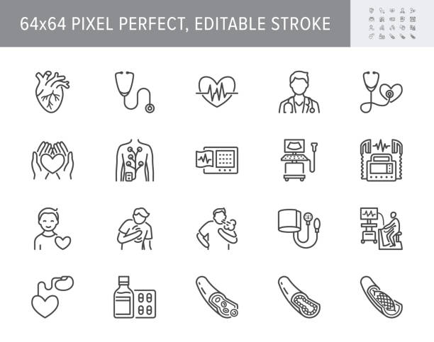 Cardiology line icons. Vector illustration included icon as heart attack, ecg, doctor, pacemaker, defibrillator outline pictogram for cardiovascular clinic. 64x64 Pixel Perfect Editable Stroke Cardiology line icons. Vector illustration included icon as heart attack, ecg, doctor, pacemaker, defibrillator outline pictogram for cardiovascular clinic. 64x64 Pixel Perfect Editable Stroke. doctor patient stock illustrations