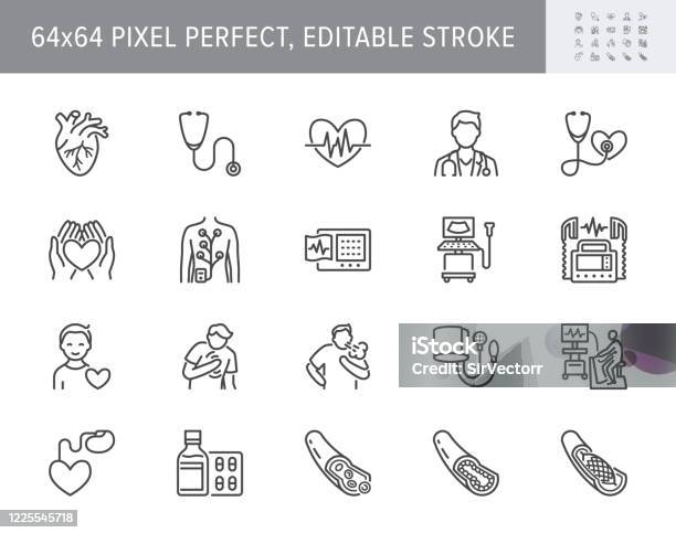 Cardiology Line Icons Vector Illustration Included Icon As Heart Attack Ecg Doctor Pacemaker Defibrillator Outline Pictogram For Cardiovascular Clinic 64x64 Pixel Perfect Editable Stroke Stock Illustration - Download Image Now