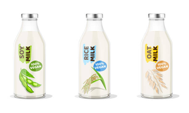 butelki z mlekiem sojowym i ryżowym. ilustracja wektorowa. - milk milk bottle bottle glass stock illustrations