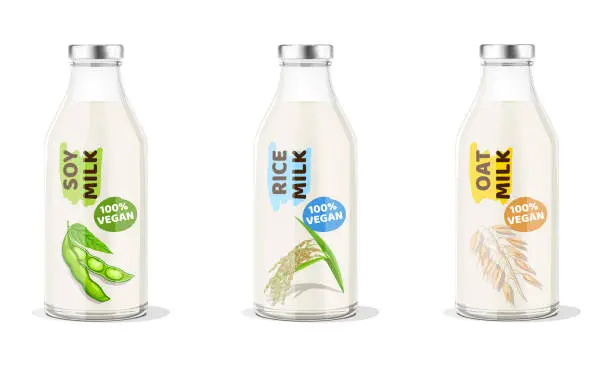 Vector illustration of Soy-Rice-Oat Milk Bottles. Vector Illustration.