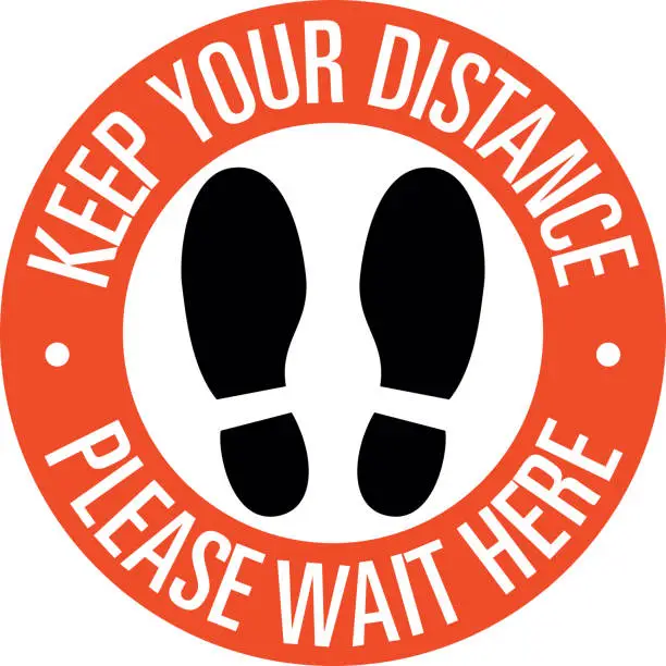 Vector illustration of Keep your distance, please wait here sign with feet protecting society. Social distancing from each other during Coronavirus infection pandemic
