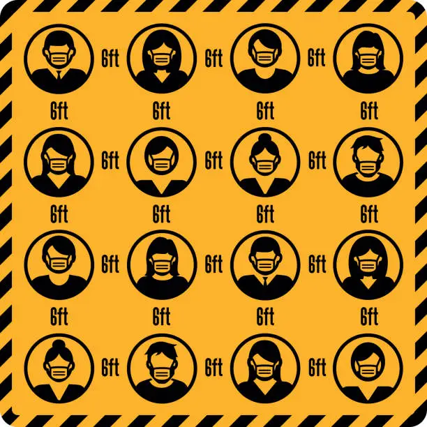 Vector illustration of Social distance sign with Coronavirus protecting society. Social distancing from each other during Coronavirus infection pandemic, Imperial feet and inches