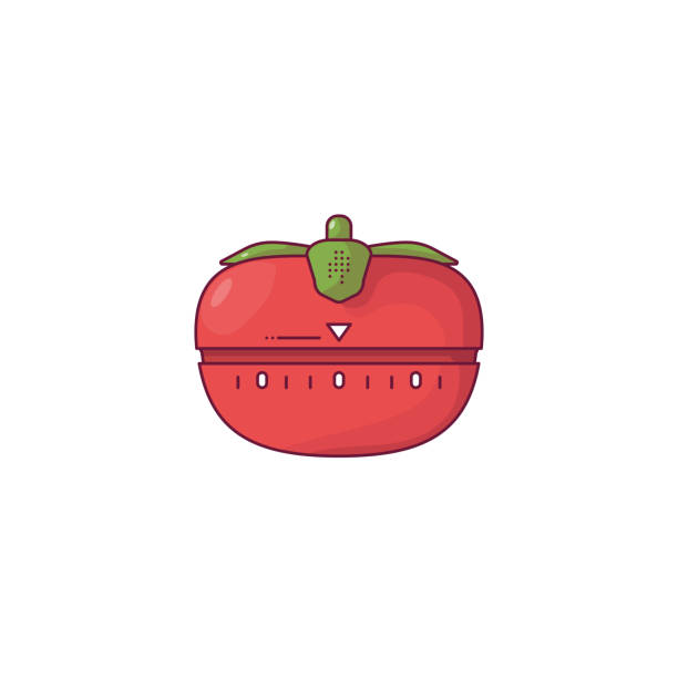Tomato kitchen timer Red tomato kitchen timer. Tomato timer with green leaves. Red modern timer for time management and workflow. Outline vector image. Line style vector illustration. timer stopwatch red isolated stock illustrations