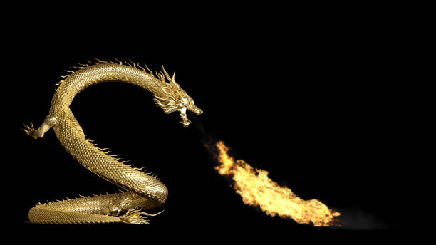 istock Full body Gold Chinese dragon pose spit fire to floor with 3d rendering include alpha clipping path. 1225549314