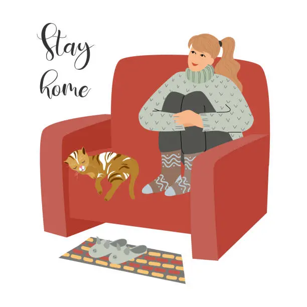 Vector illustration of Stay home. Vector illustration with girl and cat sitting on a armchair at home. Concept for self-isolation during quarantine
