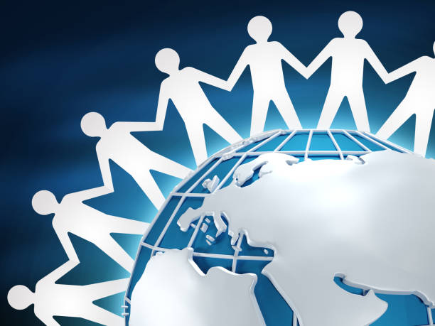 istock Together we can save planet. People figures holding hands around Earth, dark background. 3D rendering 1225553062