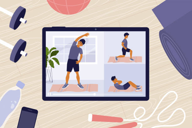 Online workout classes on tablet with man on screen doing exercises Home gym. Online workout classes on tablet. Sport blog, vlog channel. Virtual instructor showing exercises. Fitness equipment. Physical activity, keeping fit and healthy lifestyle vector illustration personal trainer stock illustrations