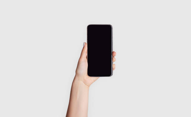 istock Female hand holding smartphone with empty screen on light background, closeup. Space for your design. Panorama 1225554352