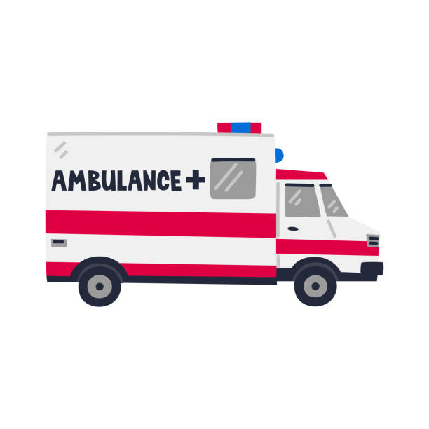 istock Ambulance car. Emergency Help service. Side view of Red emergency car on white background. Simple flat style vector illustration 1225554418