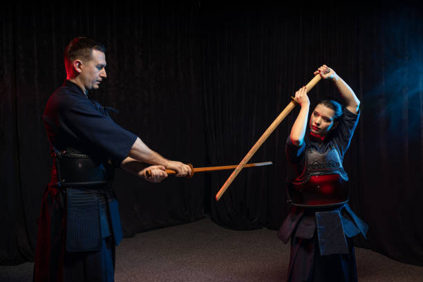 istock Fight between two caucasian kendo fighters,sparring on training action 1225554916