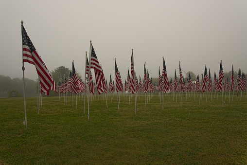 A veterans memorial array of American flags, one for each member of our community who has fallen in service to our country,  on a dreary morning with the US flags and the flags of the branches of the US military shrouded in the misty background