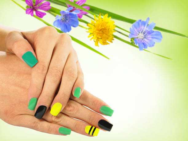 istock Colorful manicure nail design with wild flower on background 1225557844