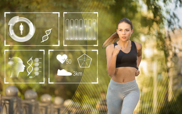istock Professional runner training in park, collage with fitness tracker data on imaginary screen. Empty space 1225557890