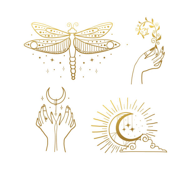 Set of beautiful golden mystical elements in boho style, dragonfly, crescent, female hands. Elements for design of tarot, tattoo, sticker. Magical and astrological objects. Linear vector illustration isolated on white background. Set of beautiful golden mystical elements in boho style, dragonfly, crescent, female hands. Elements for design of tarot, tattoo, sticker. Magical and astrological objects. Linear vector illustration isolated on white background dragonfly tattoo stock illustrations