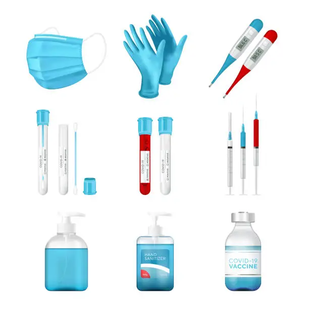 Vector illustration of Virus protection 3D realistic icon set. Corona virus Covid prevention collection, medical ppe element set. Soap bottle, mask, gloves, vaccine, virus test, sanitizer, thermometer, syringe.