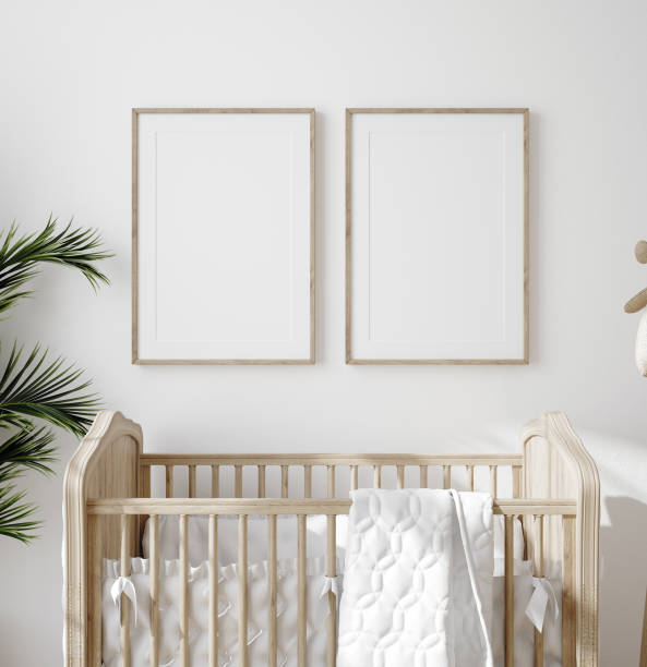 Mock up frame in children room with natural wooden furniture, Farmhouse style interior background Mock up frame in children room with natural wooden furniture, Farmhouse style interior background, 3D render nursery bedroom stock pictures, royalty-free photos & images