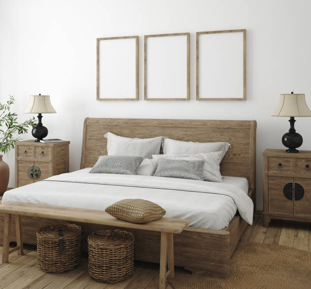 istock Mockup frame in bedroom interior background, Farmhouse style 1225559803